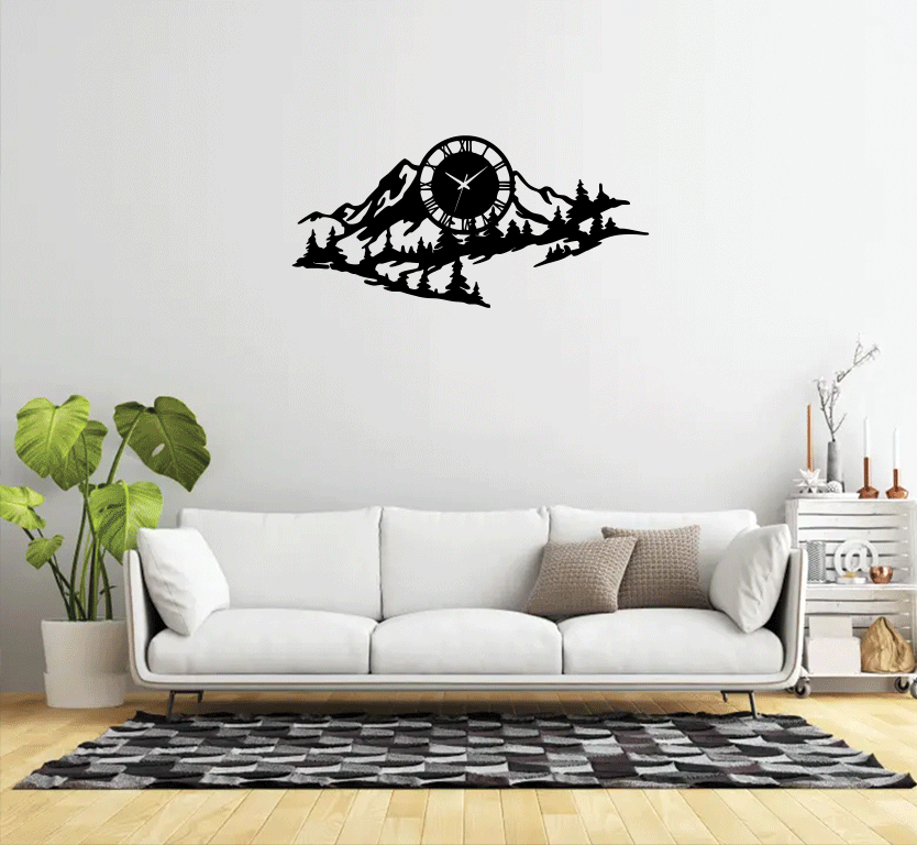 Mountain Range View Metal Wall Art with Clock by MetalPlex