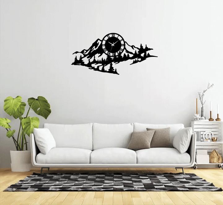 Mountain Range View Metal Wall Art with Clock by MetalPlex