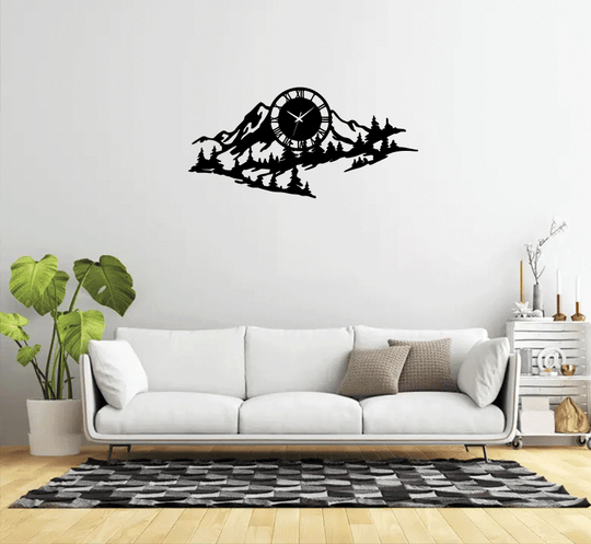 Mountain Range View - Metal Wall Art with Clock