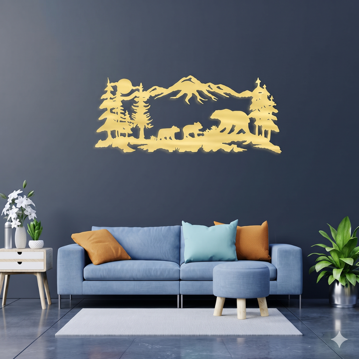 Mountain Bear Family Metal Wall Art – Wildlife Nature Home Decor