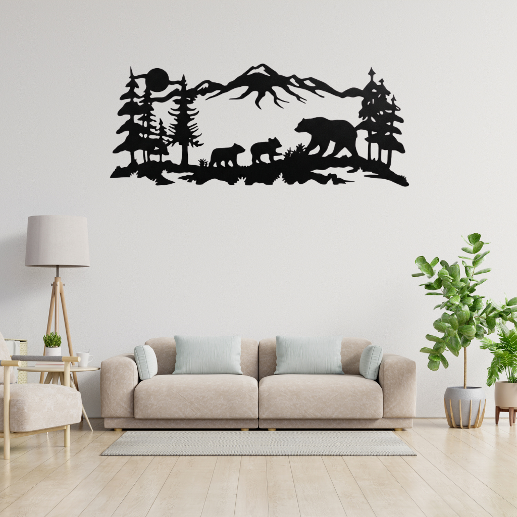 Mountain Bear Family Metal Wall Art – Wildlife Nature Home Decor