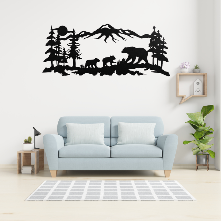 Mountain Bear Family Metal Wall Art – Wildlife Nature Home Decor