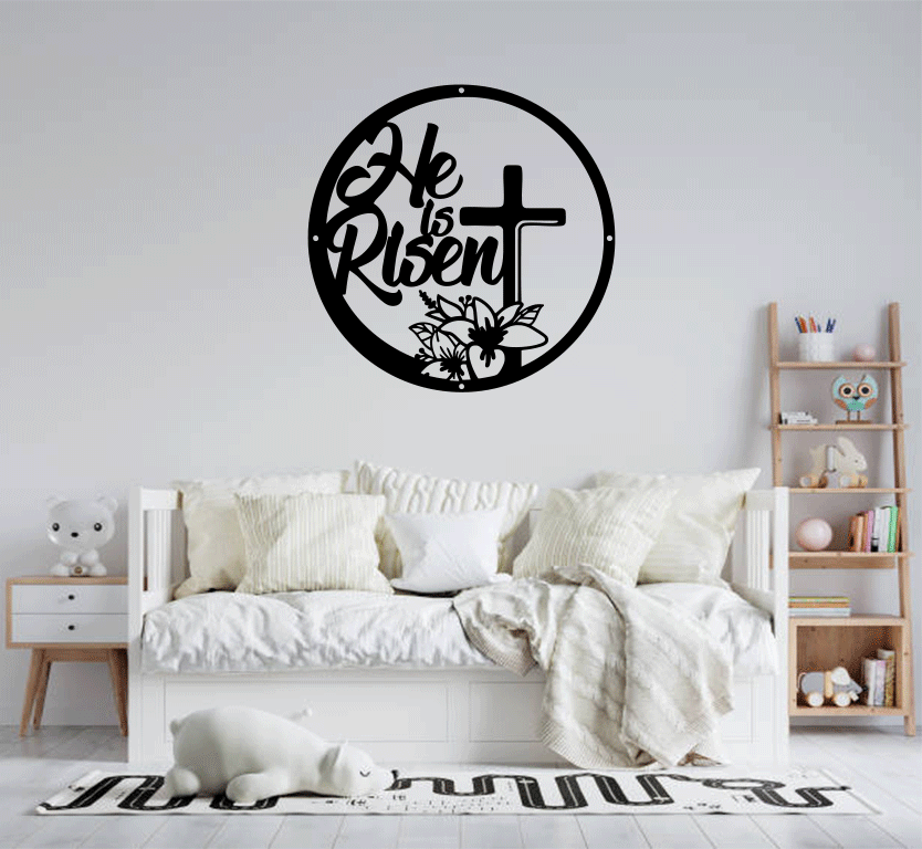 He is Risen Floral Cross Metal Wall Art
