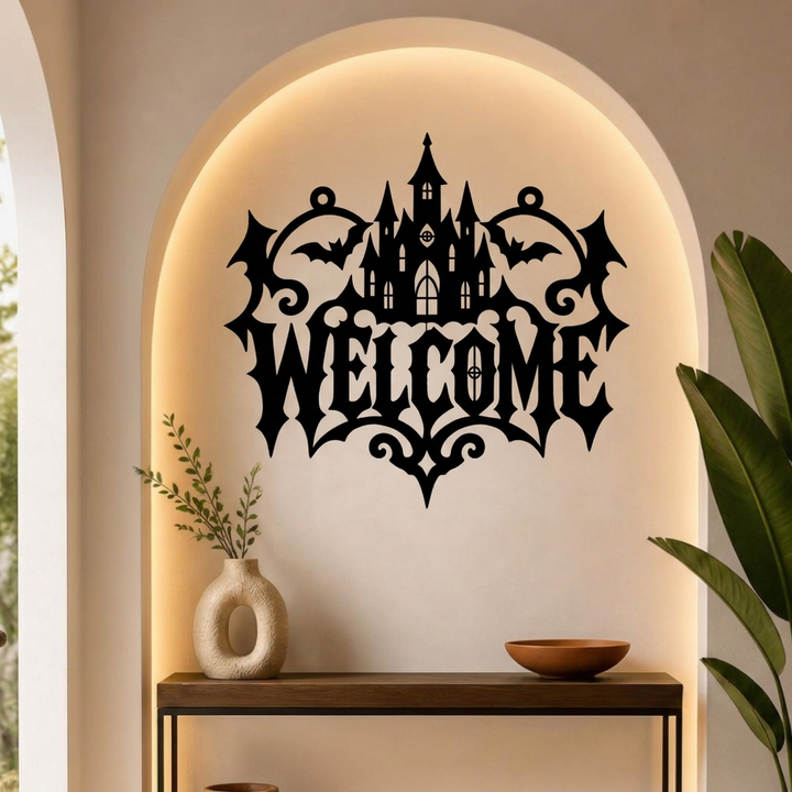 Halloween Castle Welcome Metal Wall Art