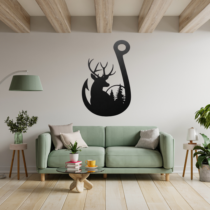 Deer Fishing Hook Metal Wall Art – Hunting Fishing Rustic Cabin Decor
