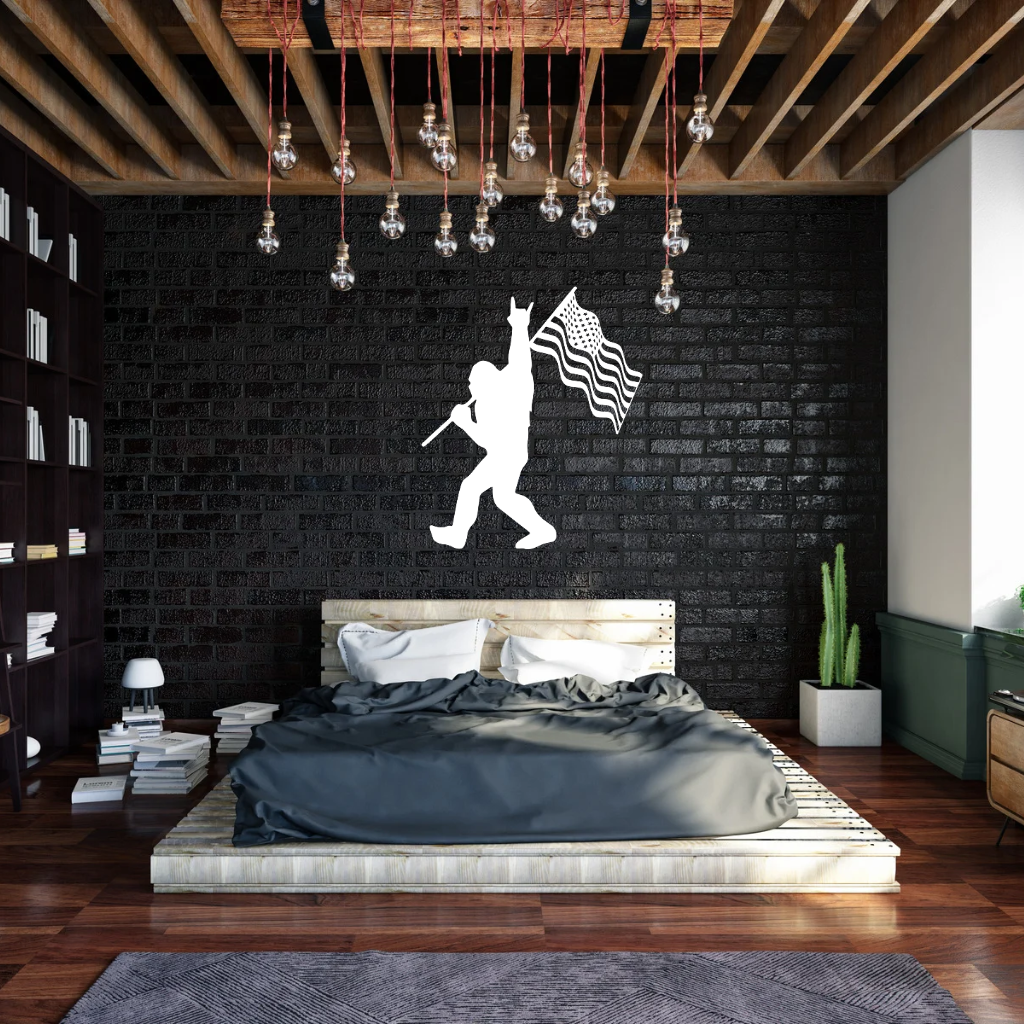 Bigfoot Foot American Flag Metal Wall Art – Funny Patriotic Sasquatch Outdoor Decor