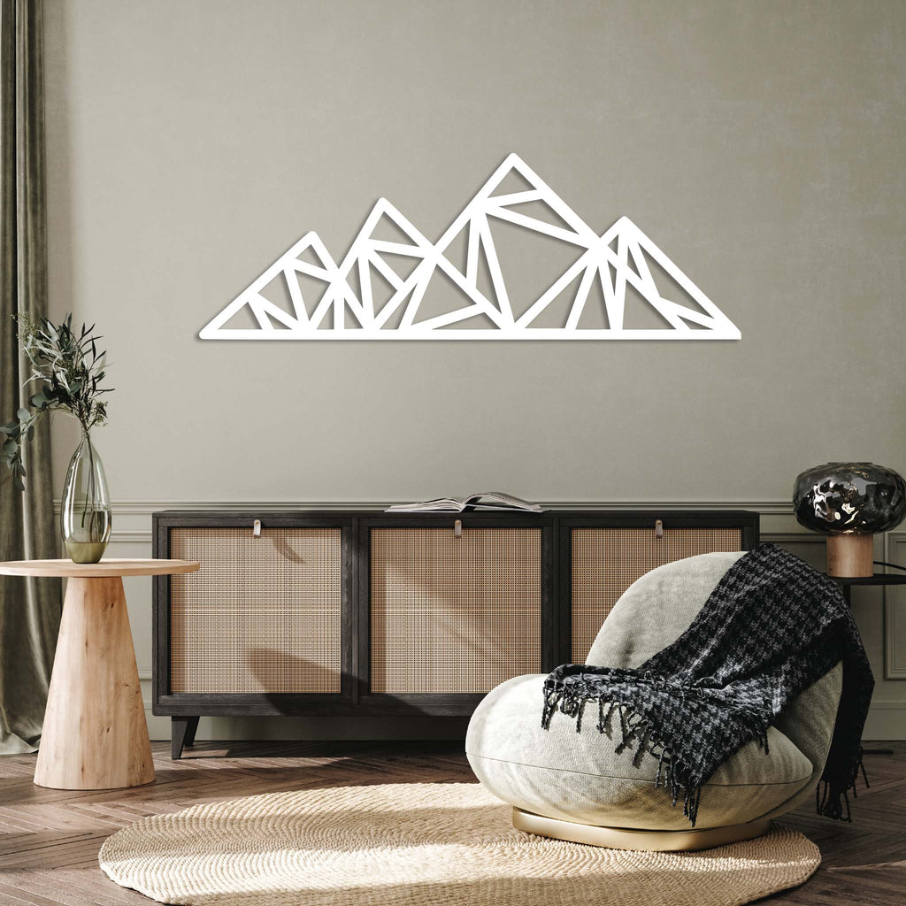 Geometric Triangle Mountains Metal Wall Art: A captivating blend of modern sophistication and natural inspiration. Precision-crafted triangles and mountain silhouettes create a visually stunning piece, perfect for elevating your space. Durable metal construction ensures longevity. Make a statement with Metalplex's exquisite metal artistry.